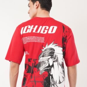 men’s red anime graphic oversized t shirt – cotton streetwear printed casual tee