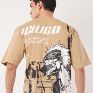 men beige oversized anime graphic t shirt | bold back print streetwear tee